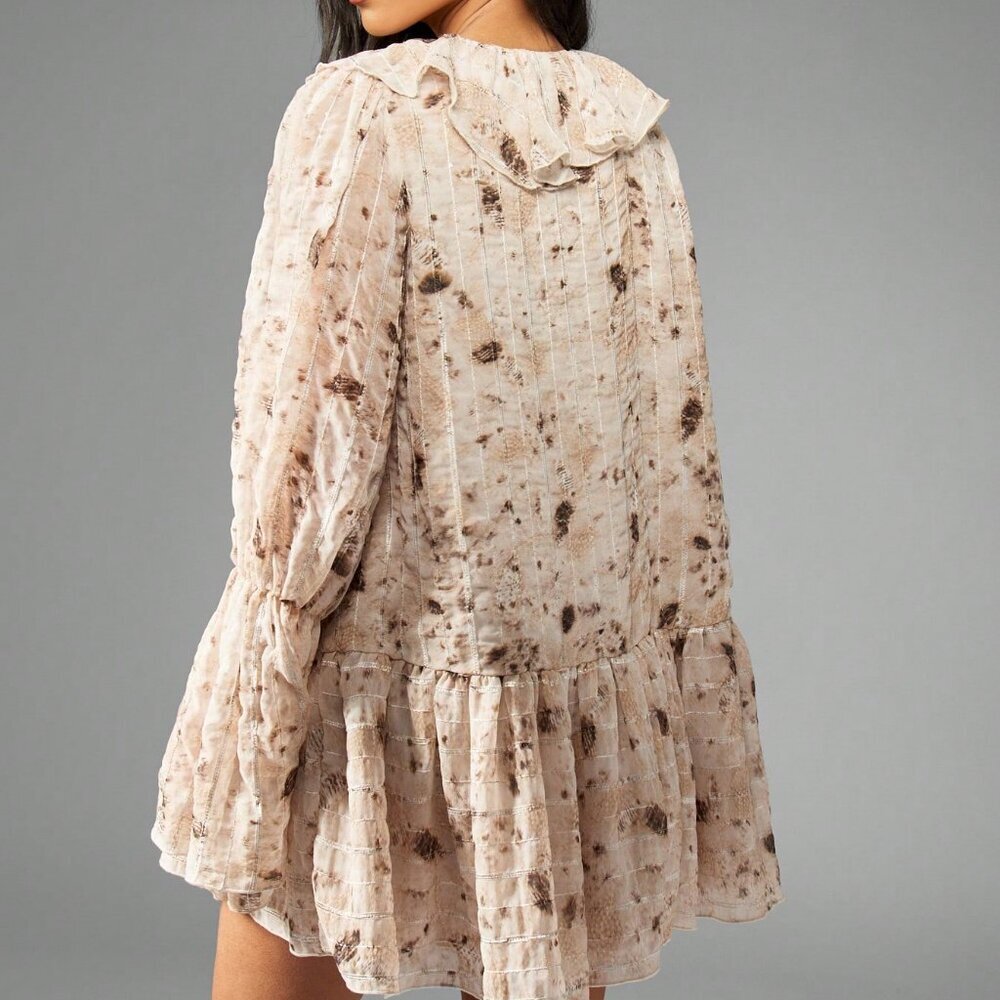 Casual Women's Flowy Ruffle V-Neck Long Sleeve Textured Chiffon Mini Dress - Picture 2 of 6